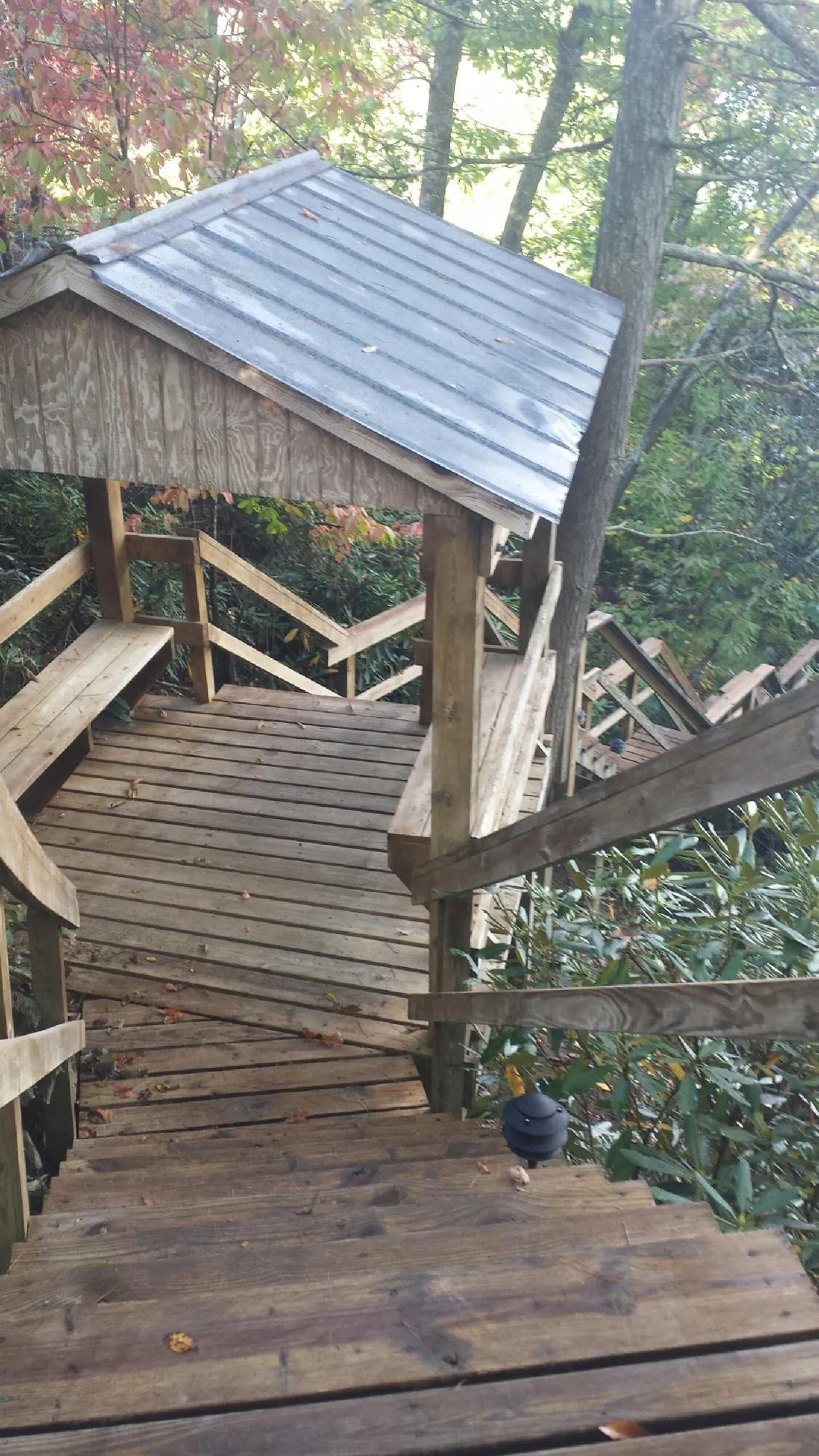 Metal roofed shelter over wooden steps on a wooded walkway — Skylight Repair & Installation work by our crew in Sims